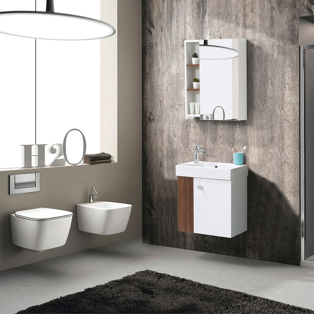 Mobile bagno sospeso salvaspazio 55 cm bianco e noce canaletto con specchio Strada