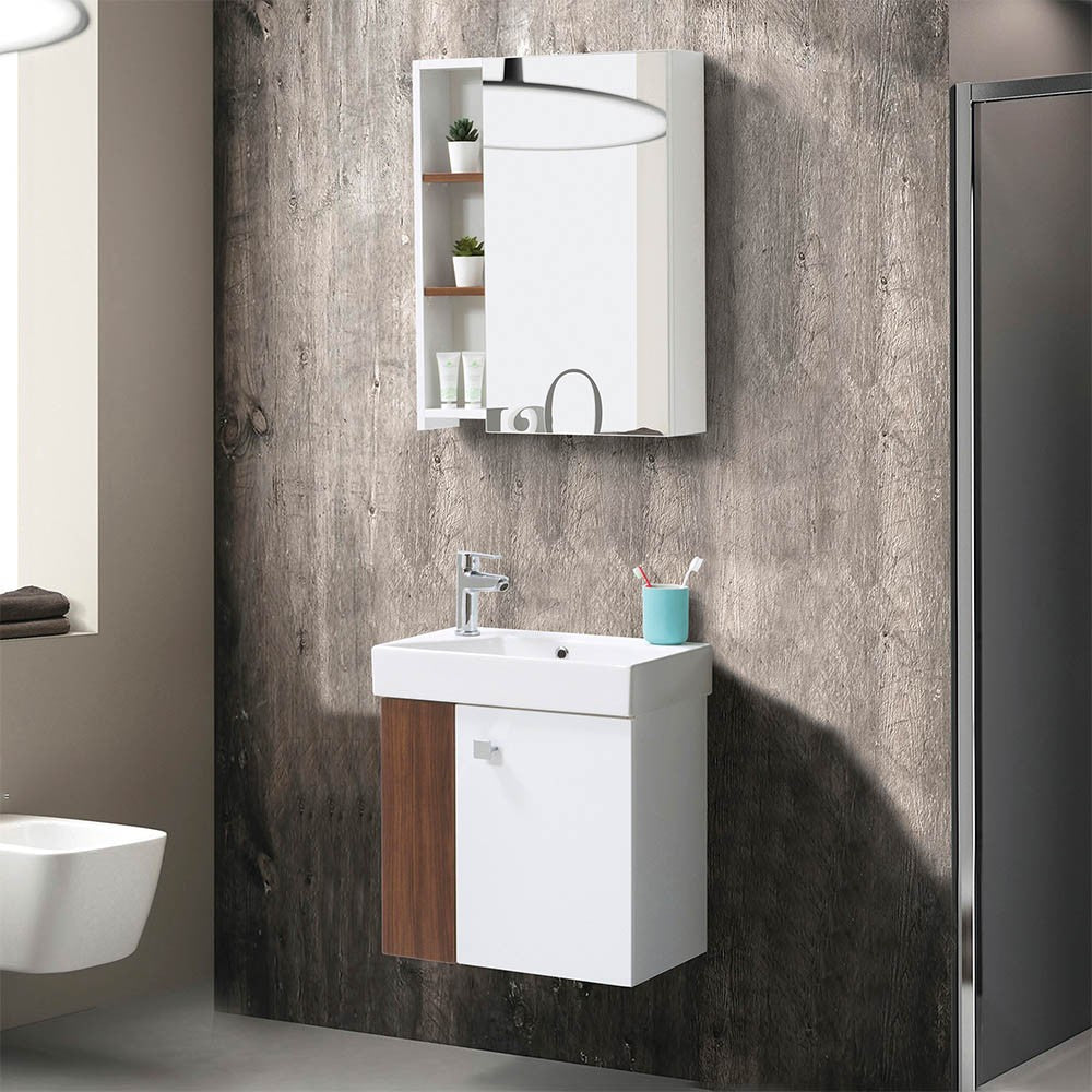 Mobile bagno sospeso salvaspazio 55 cm bianco e noce canaletto con specchio Strada