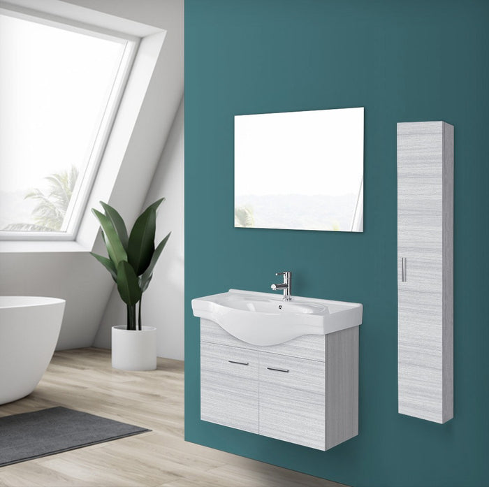 Mobile bagno sospeso 81 cm grigio con 2 ante completo di ceramica e specchio