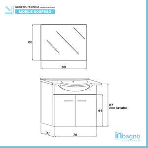 Mobile bagno sospeso 81 cm grigio con 2 ante completo di ceramica e specchio