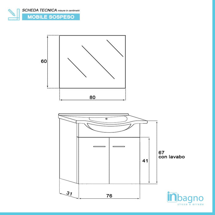 Mobile bagno sospeso 81 cm grigio con 2 ante completo di ceramica e specchio