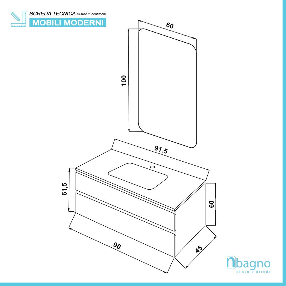 Mobile Bagno Sospeso Tortora Pastello 90x47 Arredo Moderno con Specchio