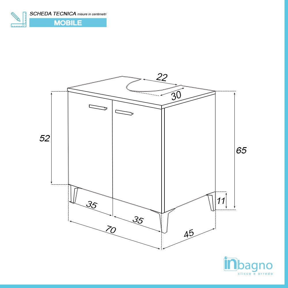 Mobile sotto lavabo bagno 70 cm larice con 2 ante e piedini cromati