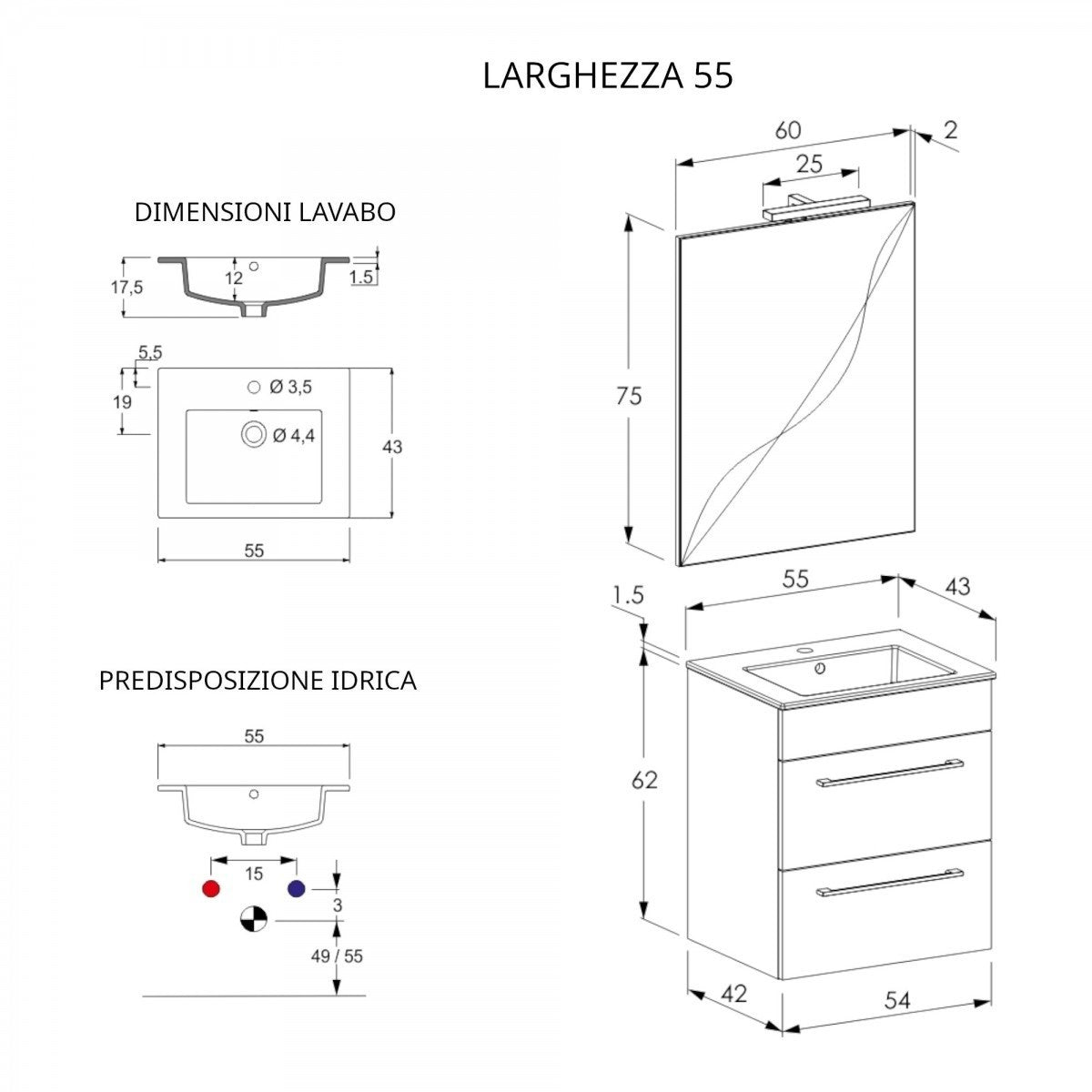 Mobile da bagno bianco da 55cm con doppio cassetto facil