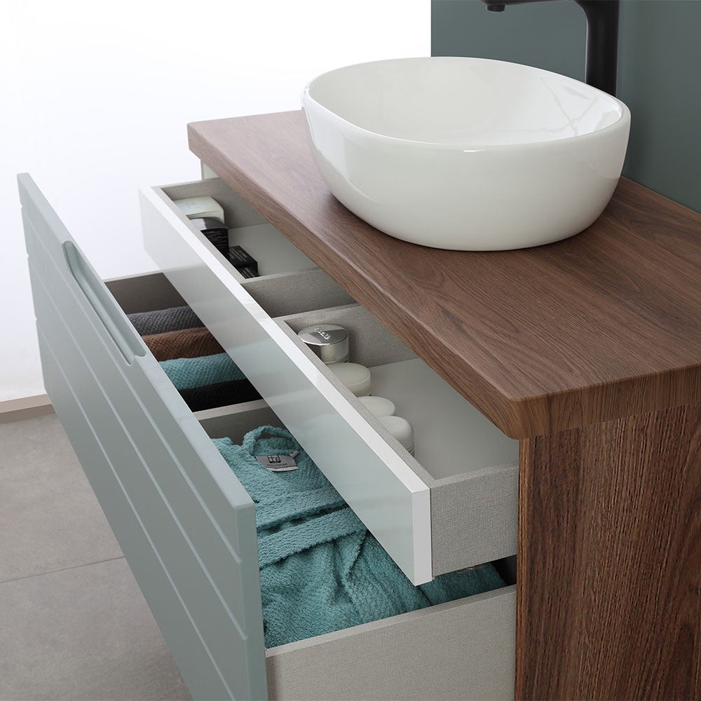 Mobile da bagno sospeso 110 cm verde salvia con lavabo in ceramica Amalfi