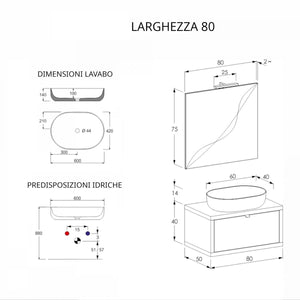 Mobile da bagno sospeso rovere 80cm con cassetto, specchio e luce domus