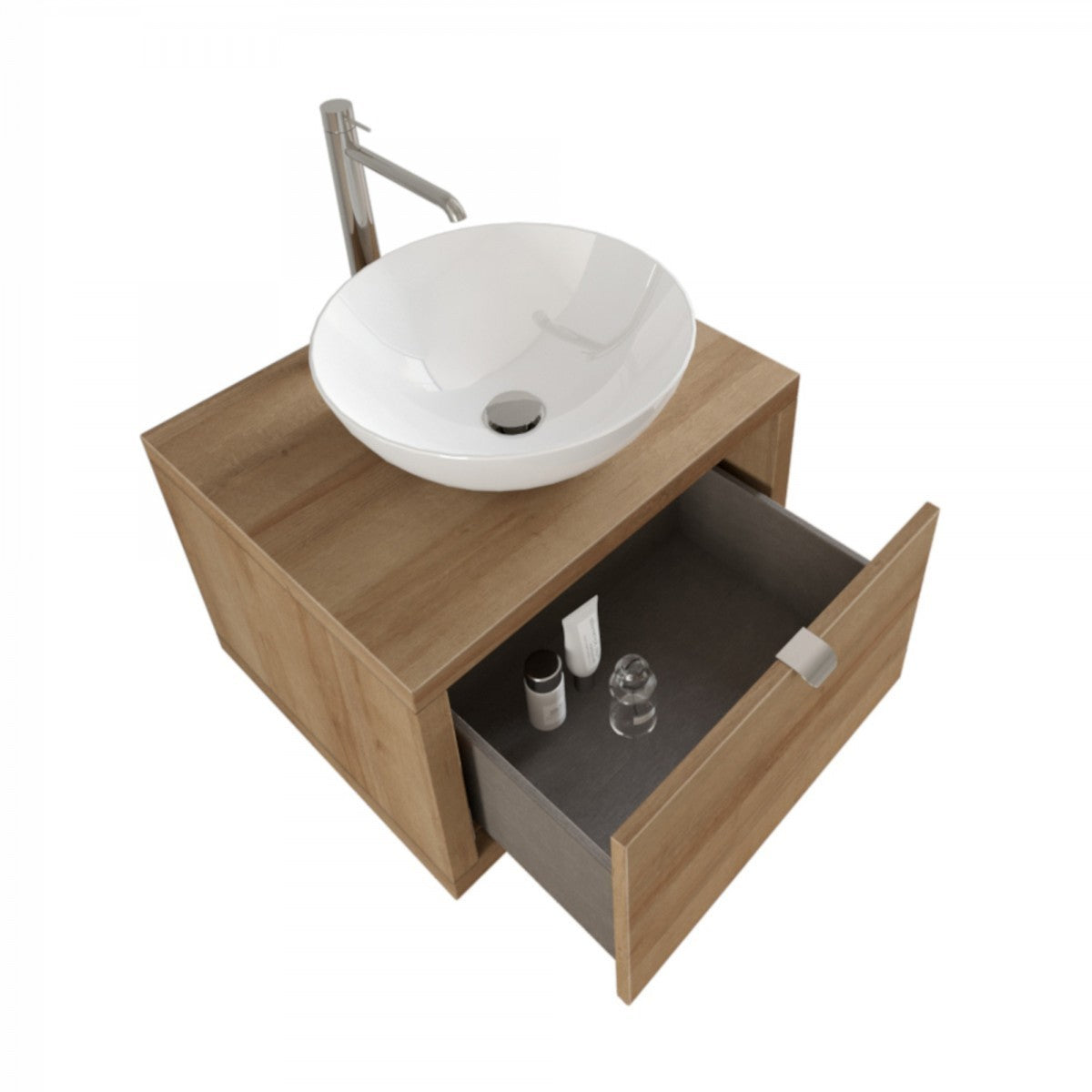 Mobile da bagno sospeso rovere con cassetto, specchio e luce domus