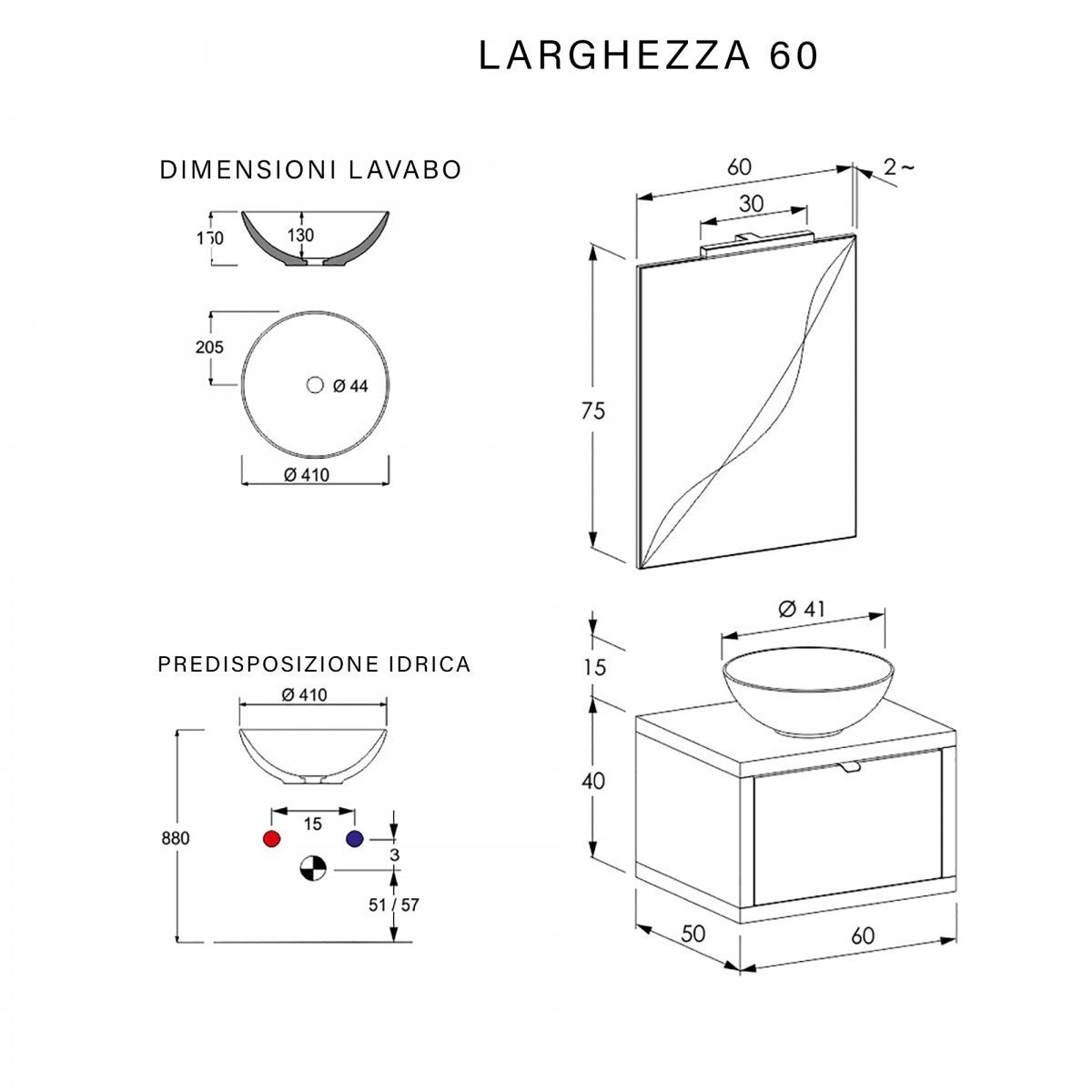 Mobile da bagno sospeso rovere con cassetto, specchio e luce domus