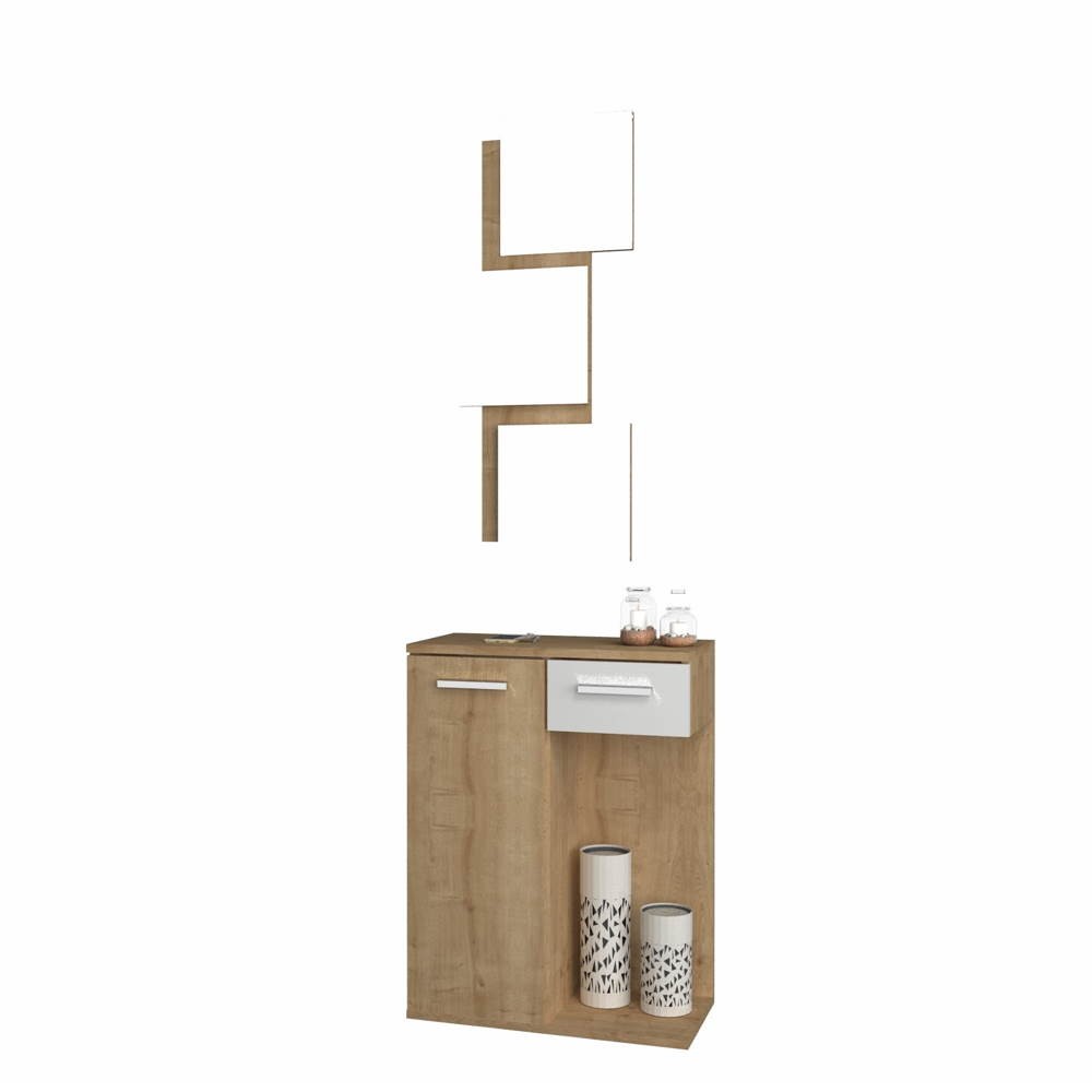 Mobile ingresso Lion con specchi anta e cassetto colore rovere bianco