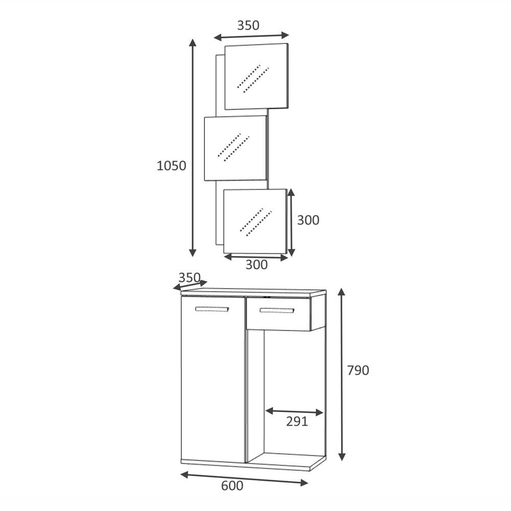 Mobile ingresso Lion con specchi anta e cassetto colore rovere bianco