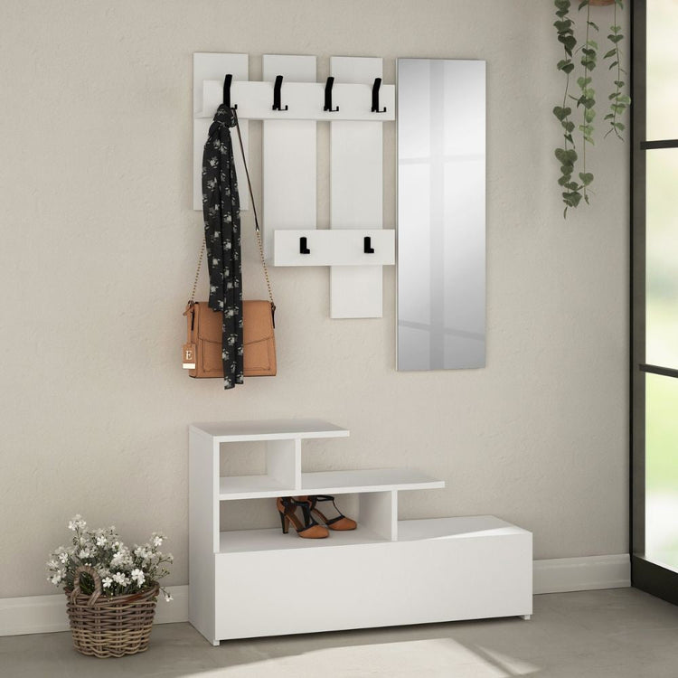 Mobile Ingresso Scarpiera Appendiabiti e Specchio 100x30x61 cm in MDF Vesty Bianco