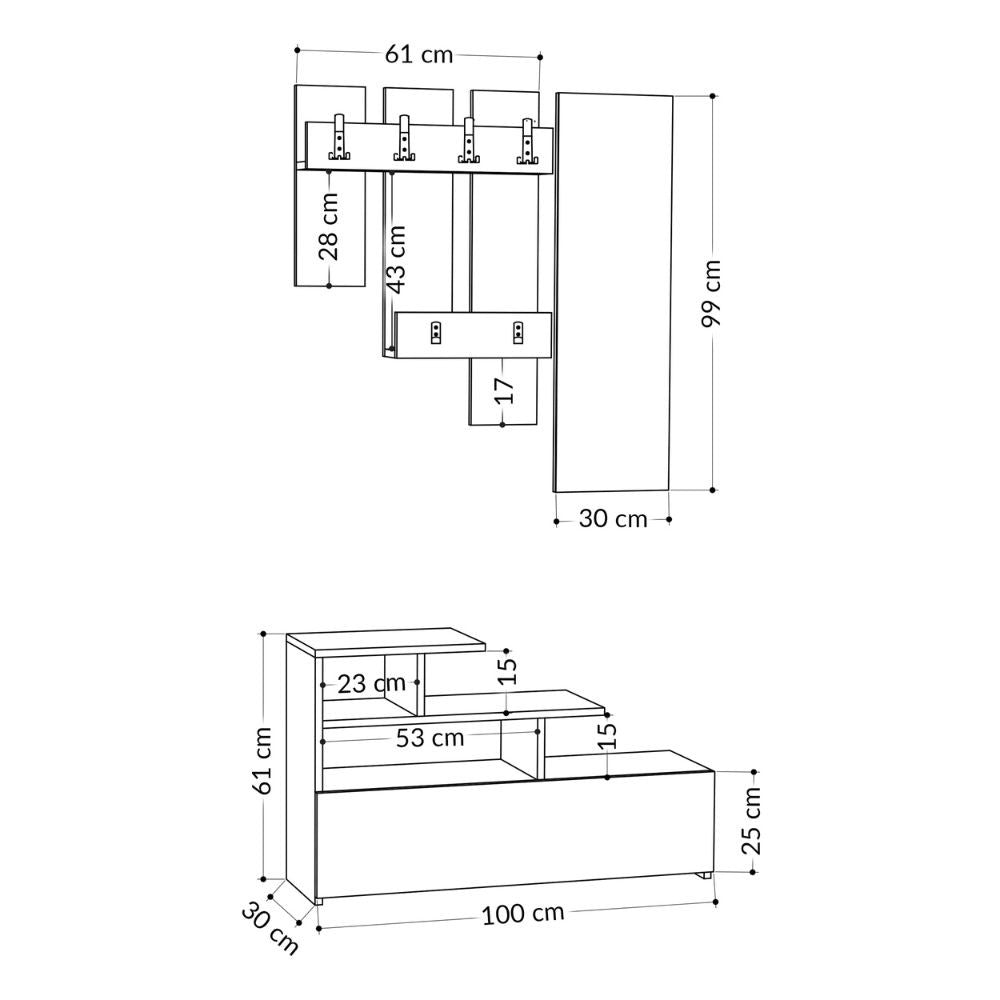 Mobile Ingresso Scarpiera Appendiabiti e Specchio 100x30x61 cm in MDF Vesty Bianco