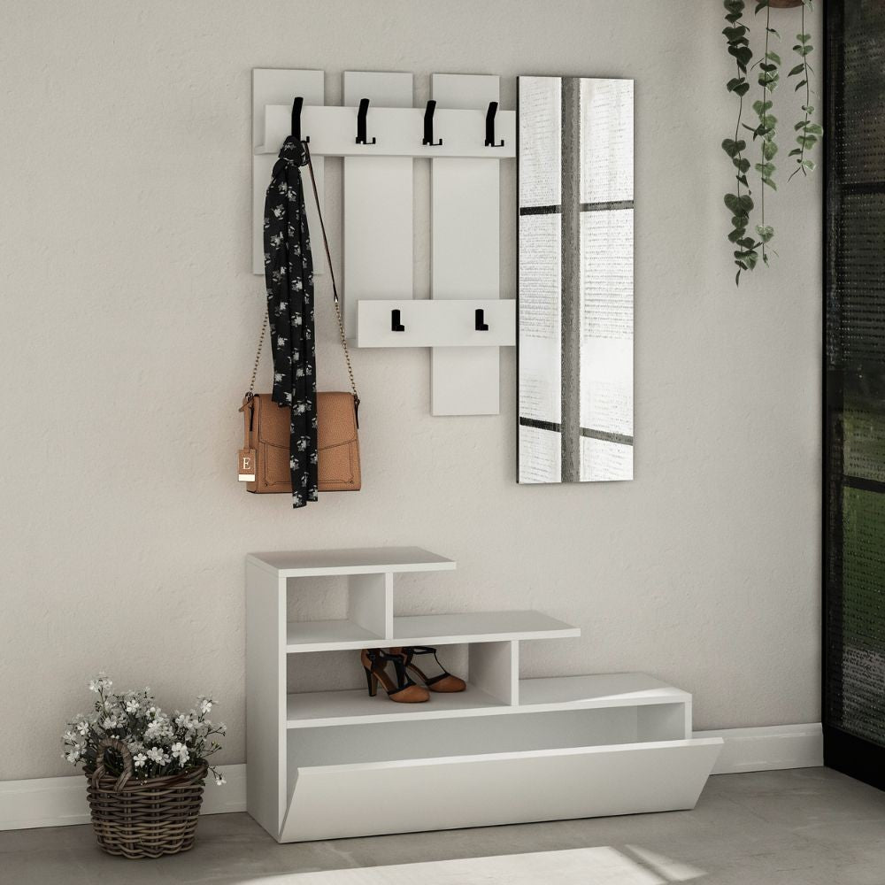 Mobile Ingresso Scarpiera Appendiabiti e Specchio 100x30x61 cm in MDF Vesty Bianco