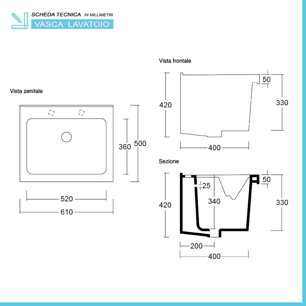 Mobile lavanderia 60x50 cm in ceramica bianco con kit scarico