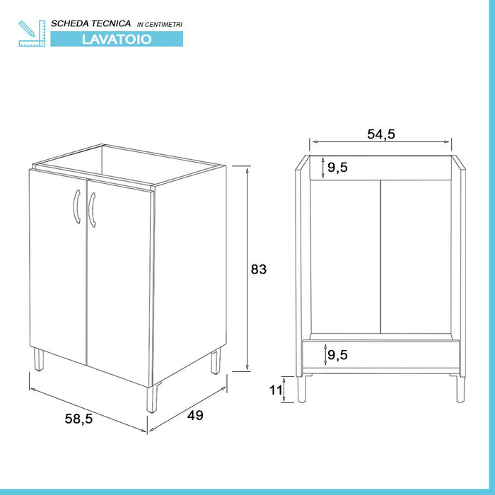 Mobile lavanderia 60x50 cm in ceramica bianco con kit scarico