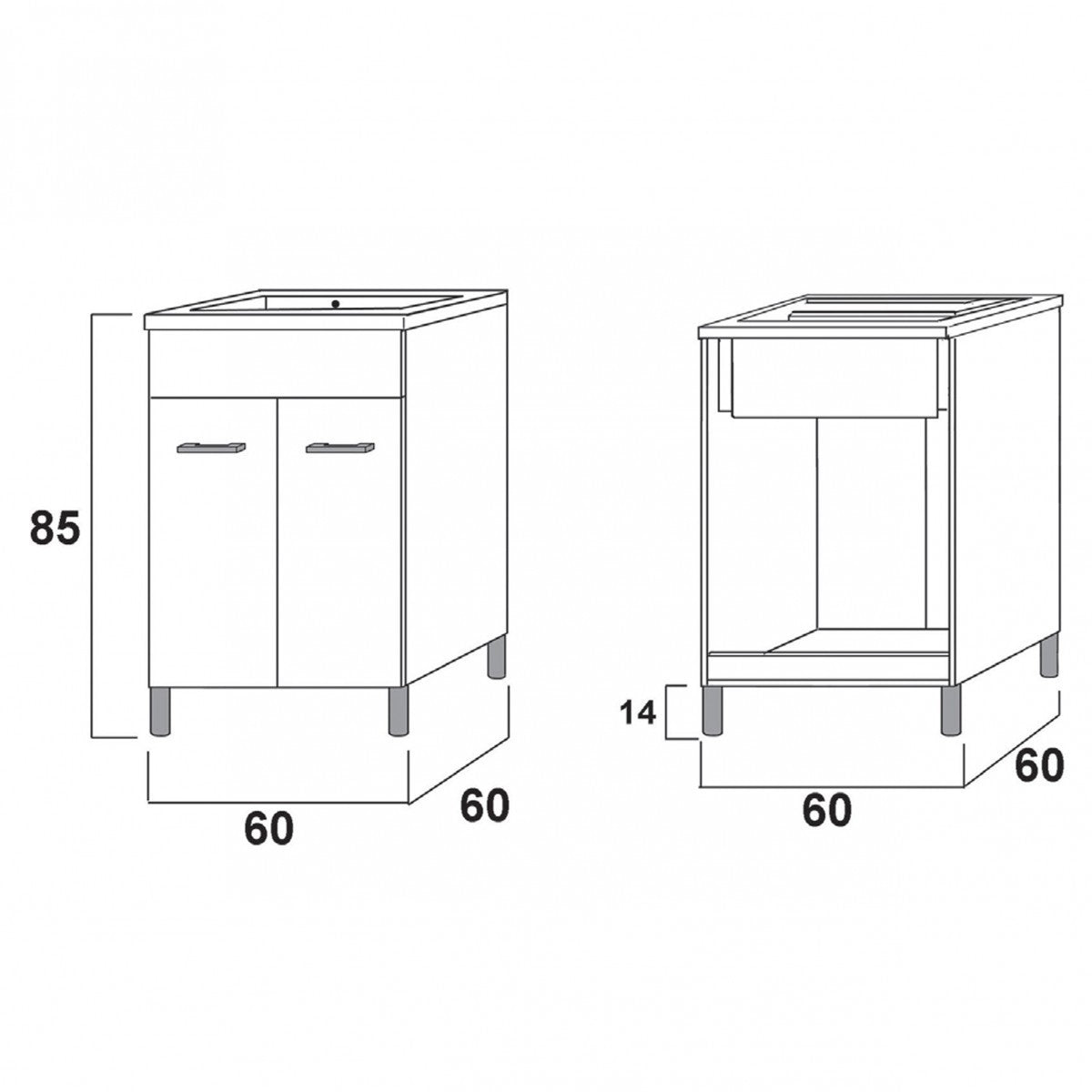 Mobile lavanderia bianco opaco 60x60 o 60x50 con lavabo in abs, dimensioni 60x50