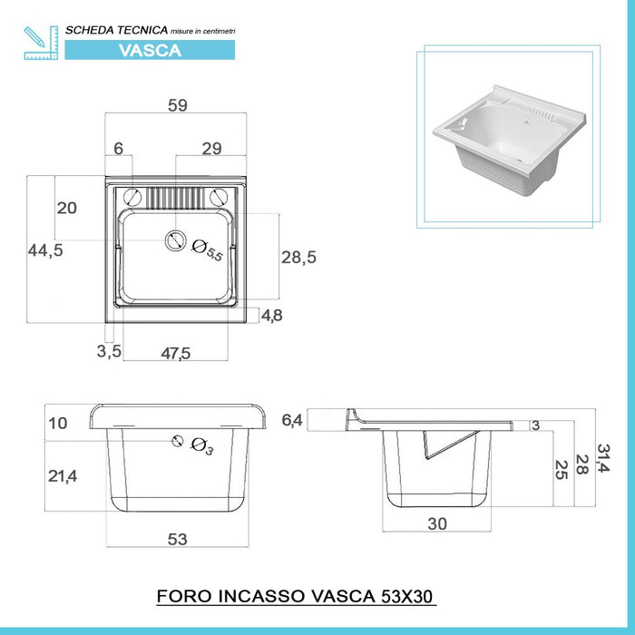 Mobile lavatoio 60x45 da esterno con vasca in resina e asse lavapanni