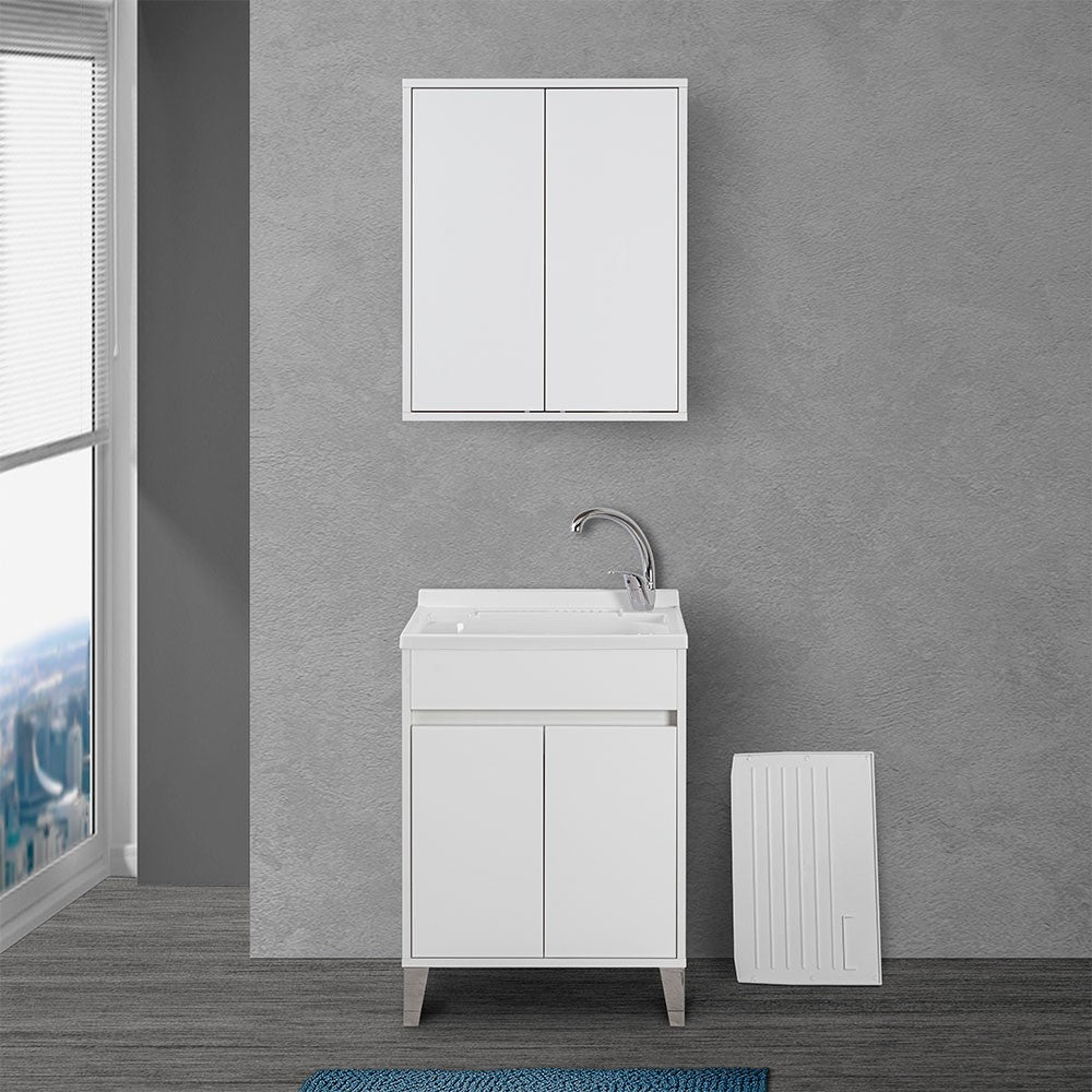 Mobile lavatoio 60x50 cm linea Way bianco lucido con vasca, asse e kit di scarico