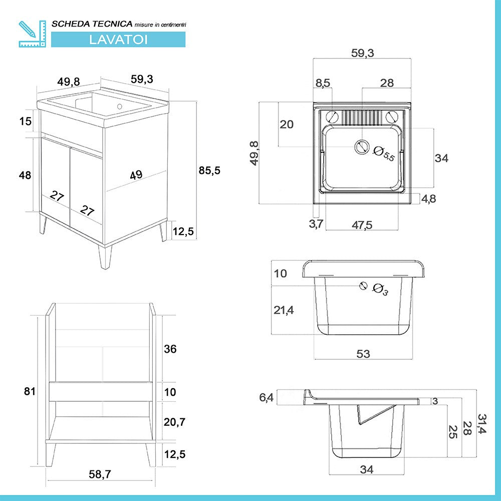 Mobile lavatoio 60x50 cm linea Way bianco lucido con vasca, asse e kit di scarico