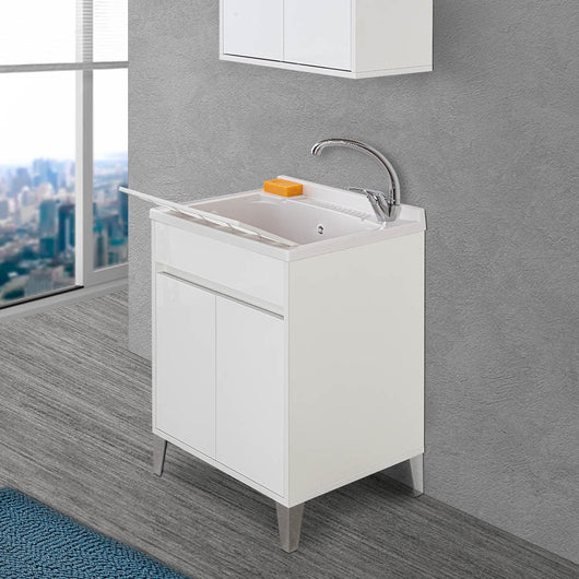 Mobile lavatoio 60x50 cm linea Way bianco lucido con vasca, asse e kit di scarico