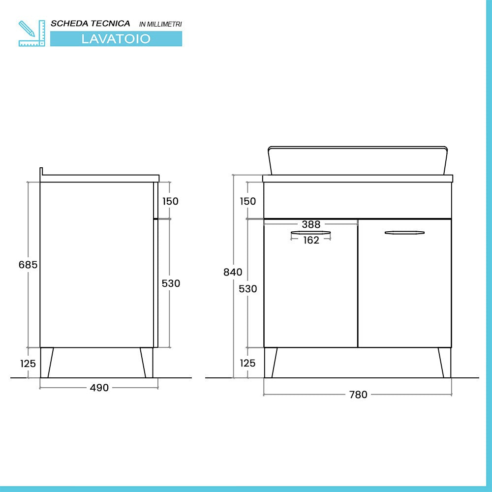 Mobile lavatoio 80x50 cm rovere bianco con vasca e kit di scarico