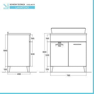 Mobile lavatoio 80x50 cm rovere bianco con vasca e kit di scarico