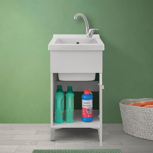 Mobile lavatoio bianco 45x50 cm con vasca in ceramica e kit scarico