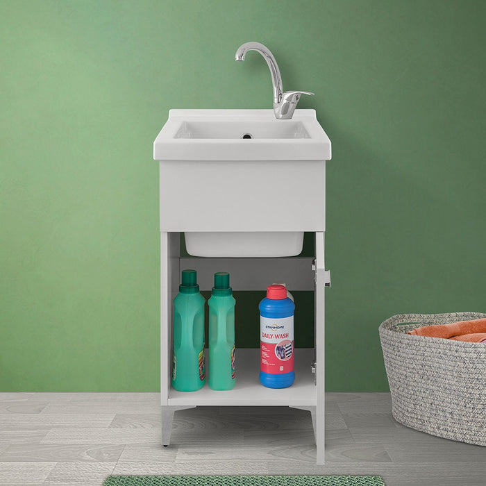 Mobile lavatoio bianco 45x50 cm con vasca in ceramica e kit scarico