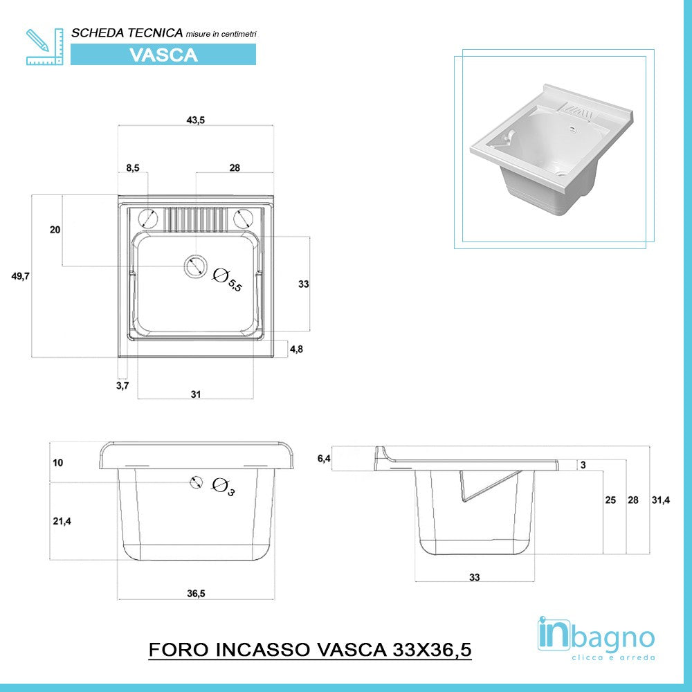 Mobile lavatoio 45x50 cm 1 anta grigio con vasca in resina e asse di lavaggio