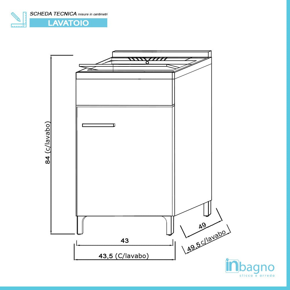 Mobile lavatoio 45x50 cm 1 anta grigio con vasca in resina e asse di lavaggio