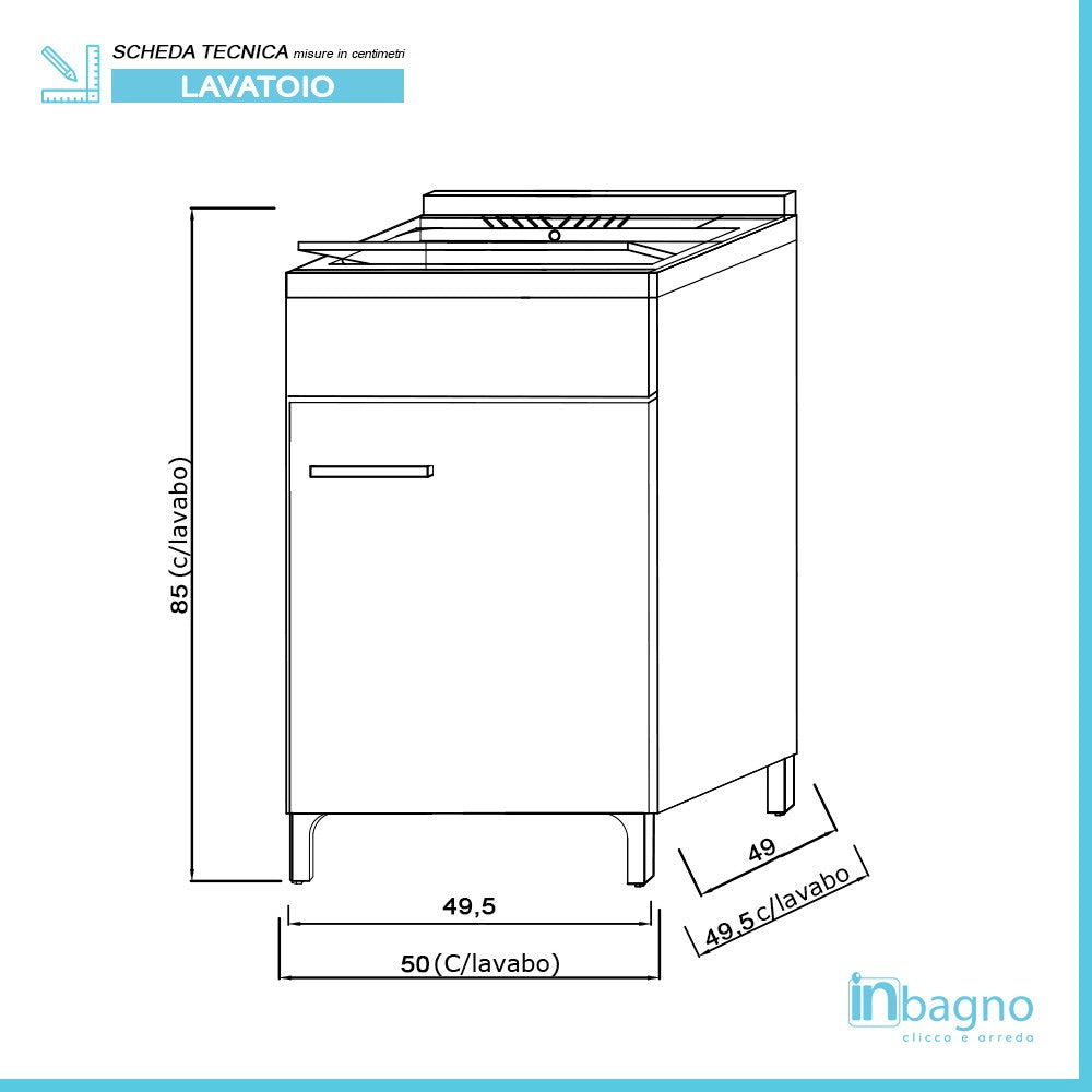 Mobile Lavatoio 1 Anta Bianco Lucido 50x50 cm con Vasca in Resina e Asse