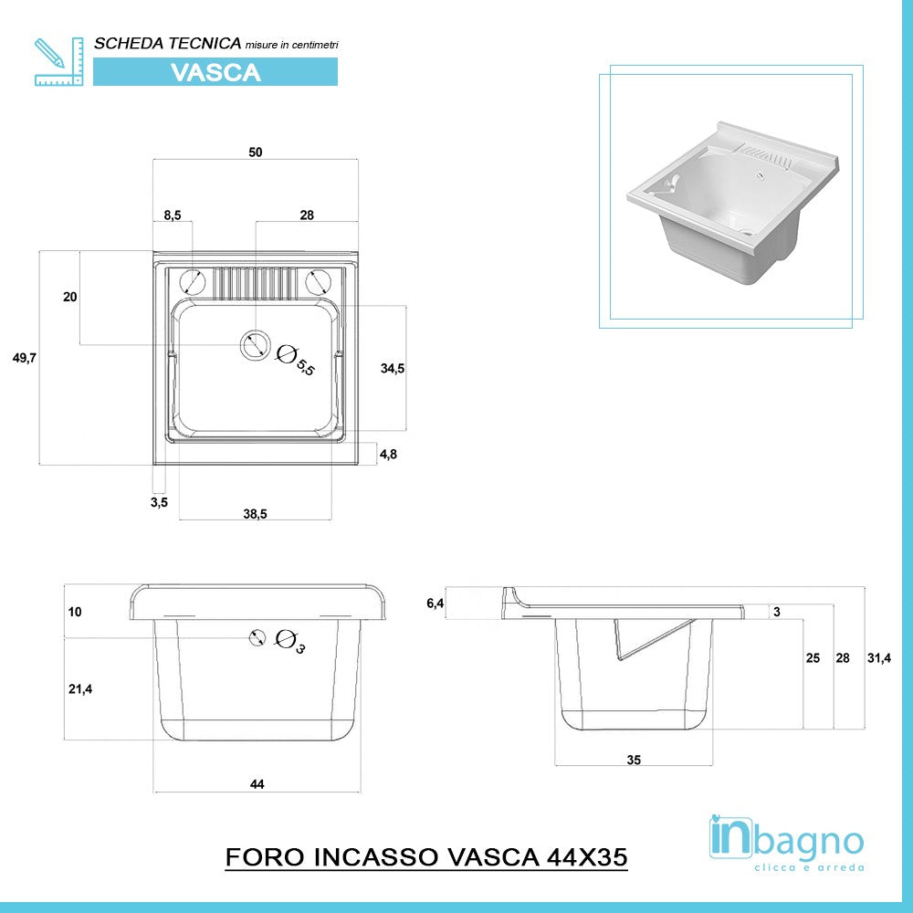 Mobile Lavatoio 1 Anta Bianco Lucido 50x50 cm con Vasca in Resina e Asse