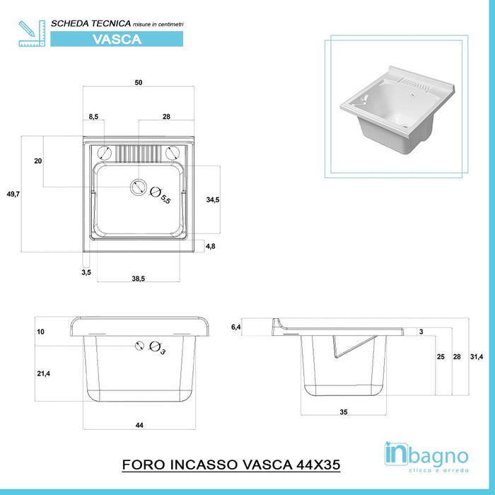 Mobile Lavatoio 1 Anta Legno Larice 50x50 cm con vasca in resina e asse