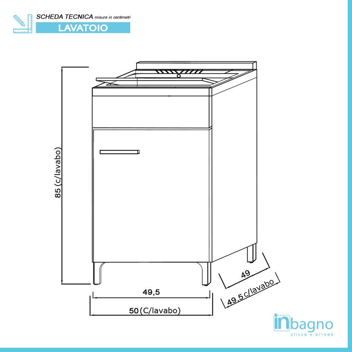 Mobile Lavatoio 1 Anta Legno Larice 50x50 cm con vasca in resina e asse