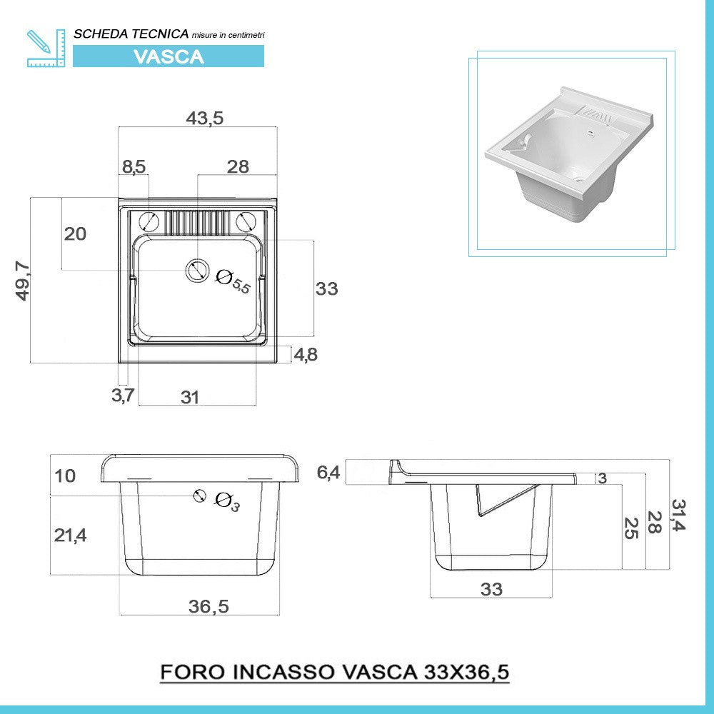 Mobile lavatoio larice 45x50 cm vasca in resina capiente con asse