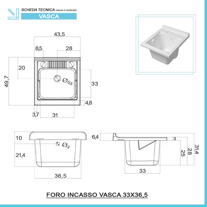 Mobile lavatoio larice 45x50 cm vasca in resina capiente con asse