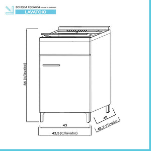 Mobile lavatoio larice 45x50 cm vasca in resina capiente con asse