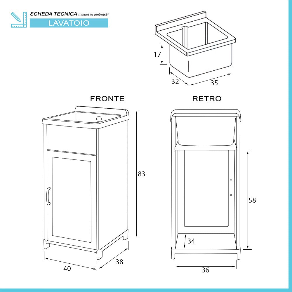 Mobile lavatoio salvaspazio 40x38 con vasca in kit montaggio