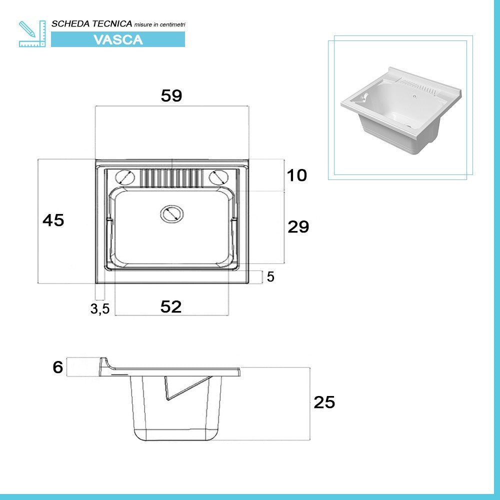 Mobile lavatoio salvaspazio 64x45 bianco con vasca e ripiano interno