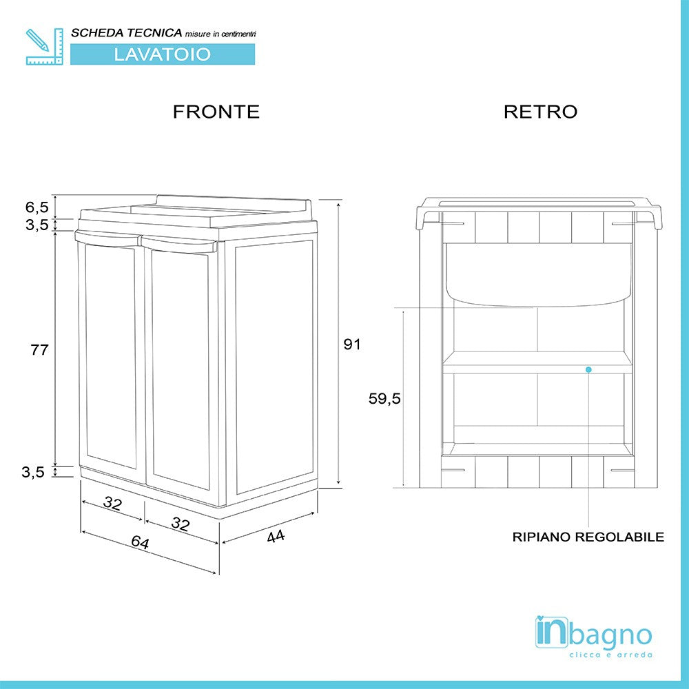 Mobile lavatoio salvaspazio 64x45 bianco con vasca e ripiano interno