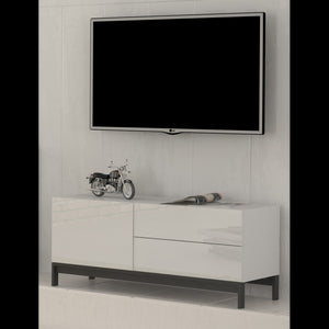 Mobile Porta Tv Metis 110 Con Piedistallo In Metallo Nero 1 Anta + 2 Cassetti Colore Bianco Lucido