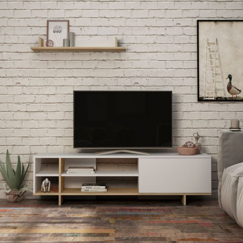 Mobile TV 1 Anta 2 Ripiani e Mensola 160x35,5x44 cm in MDF Stockton Bianco Rovere