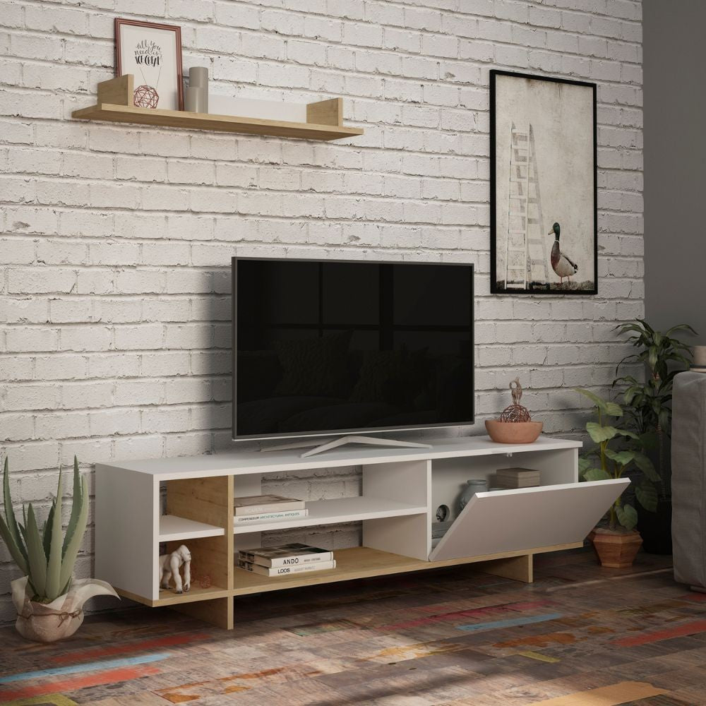 Mobile TV 1 Anta 2 Ripiani e Mensola 160x35,5x44 cm in MDF Stockton Bianco Rovere