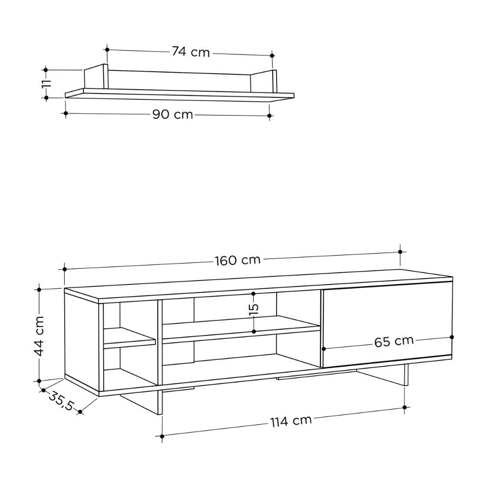 Mobile TV 1 Anta 2 Ripiani e Mensola 160x35,5x44 cm in MDF Stockton Bianco Rovere