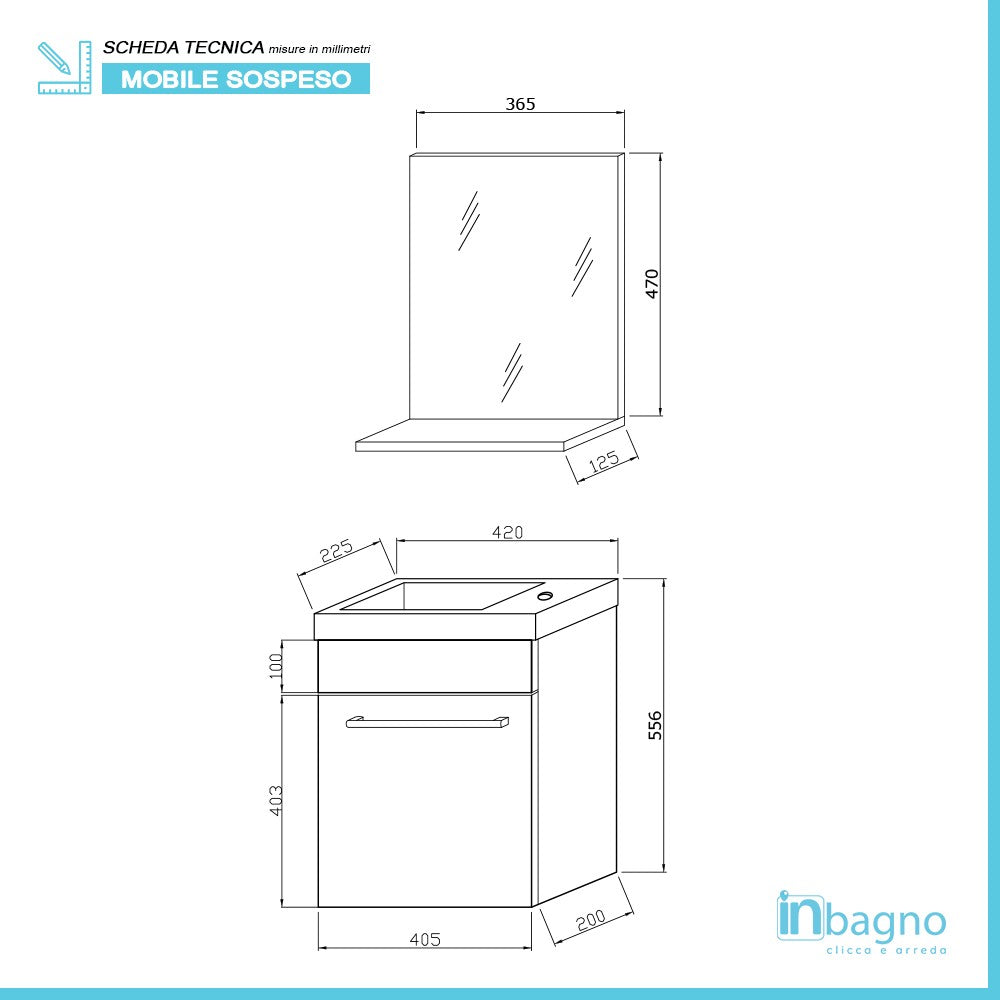 Mobile salvaspazio bagno 40 cm rovere bianco completo di specchio e lavabo