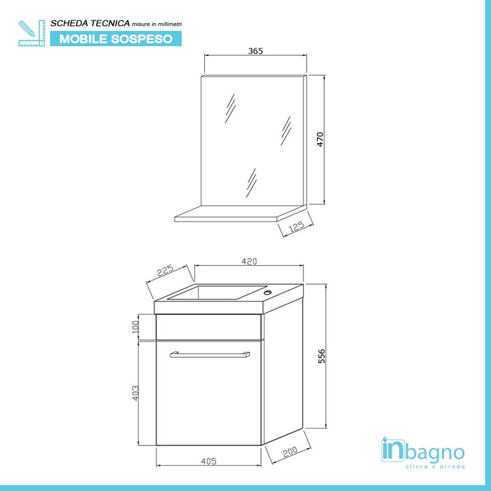 Mobile salvaspazio bagno 40 cm rovere bianco completo di specchio e lavabo