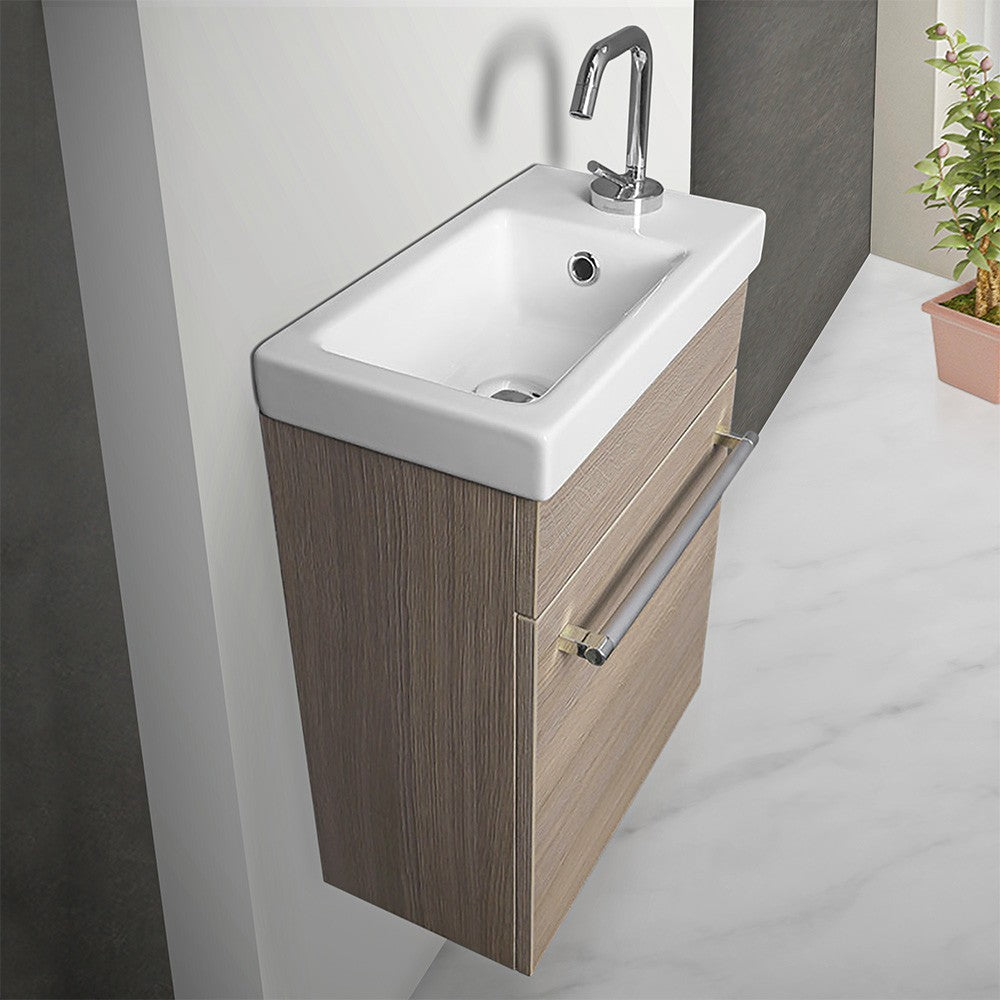 Mobile salvaspazio bagno 40 cm rovere fumo completo di specchio e lavabo