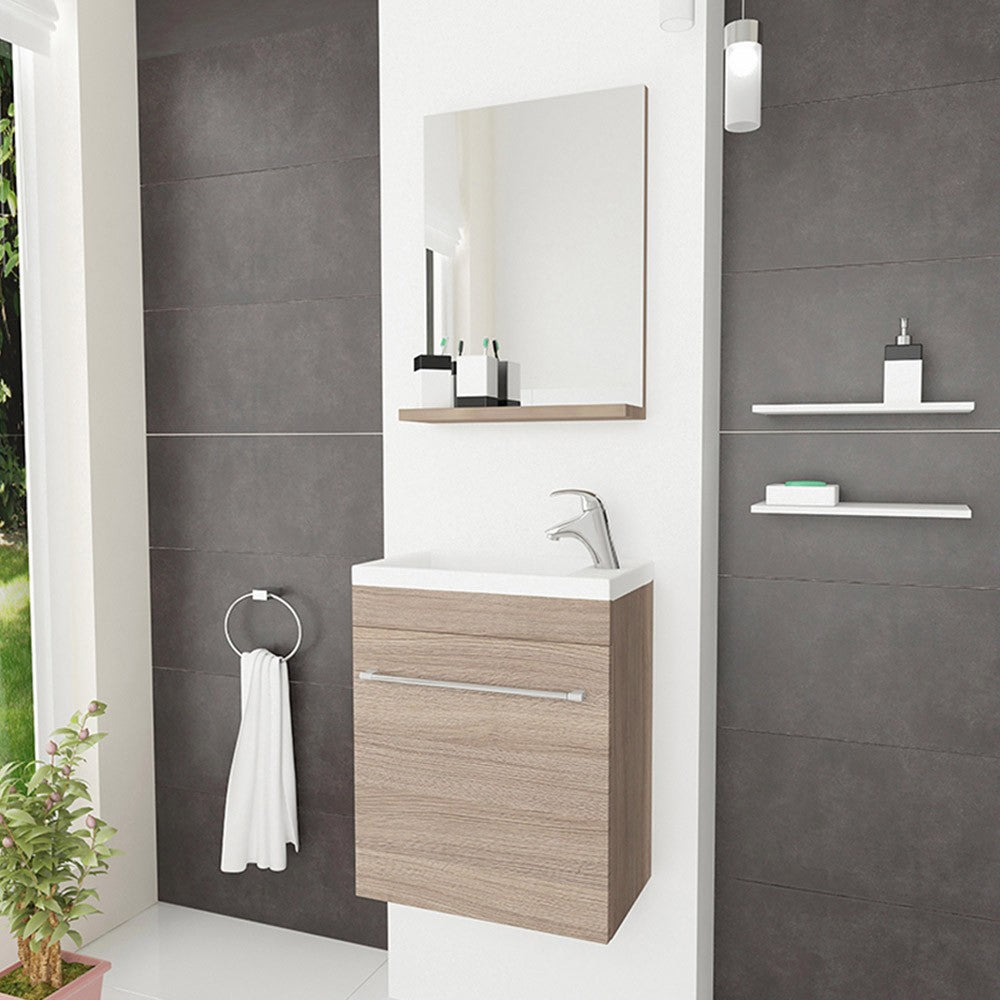 Mobile salvaspazio bagno 40 cm rovere fumo completo di specchio e lavabo