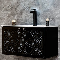 Mobile bagno nero sospeso stile Luxury con colonna - 90 cm, Rettangolare led