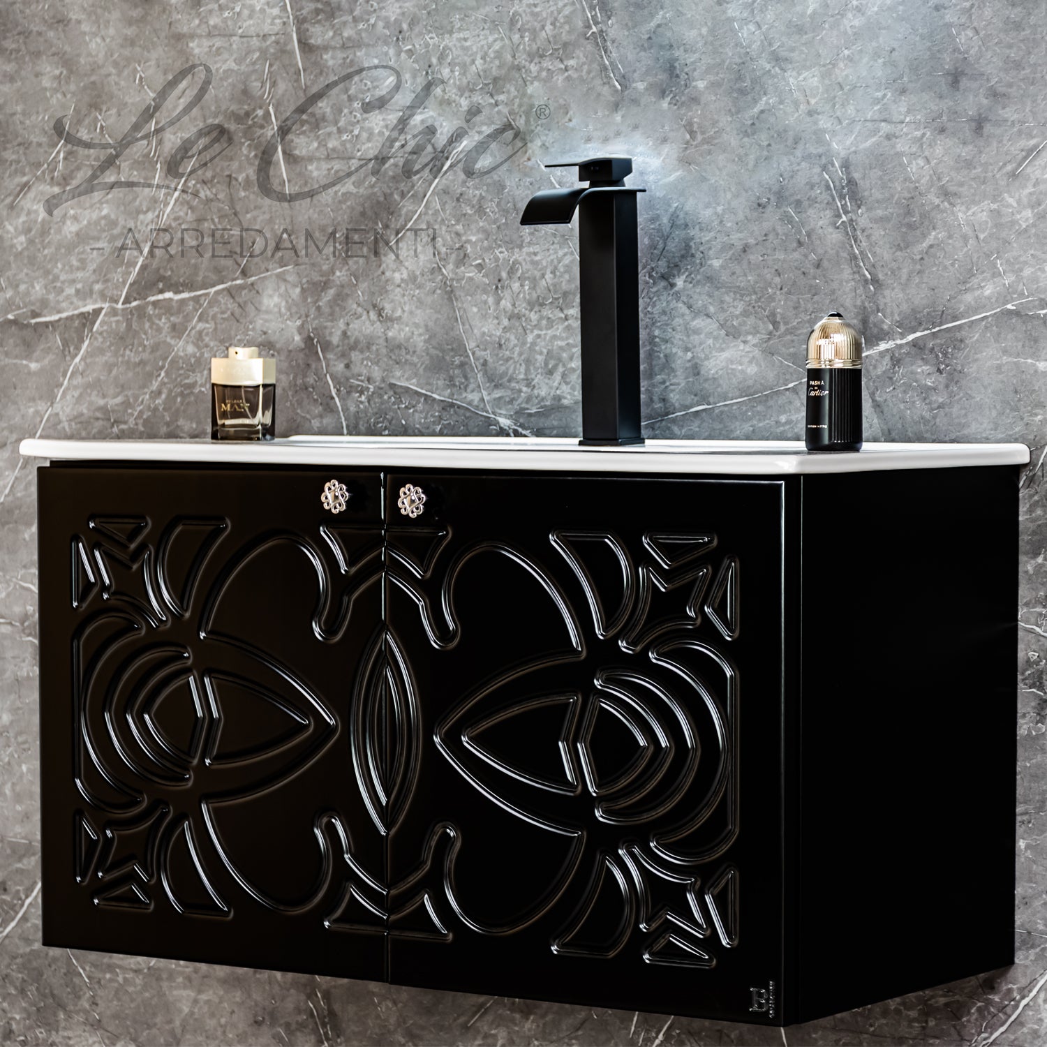 Mobile bagno nero sospeso stile Luxury con colonna - 90 cm, Rettangolare con applique